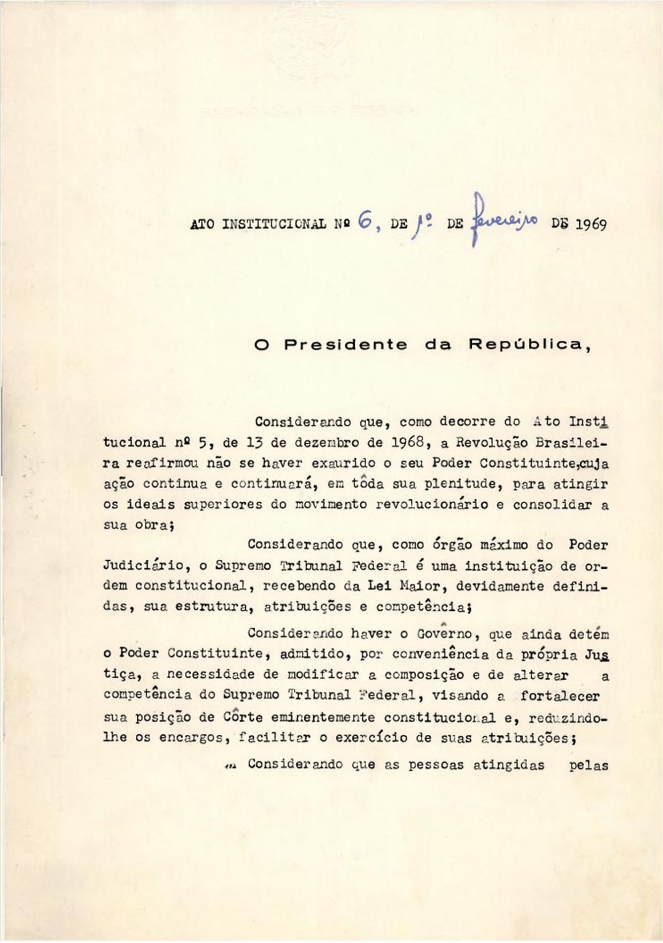 Imagem de referência de Ato Institucional Número Seis, descrito nos dados abertos como 6º decreto da ditadura militar brasileira emitido em 1969 para restringir direitos e manter o regime