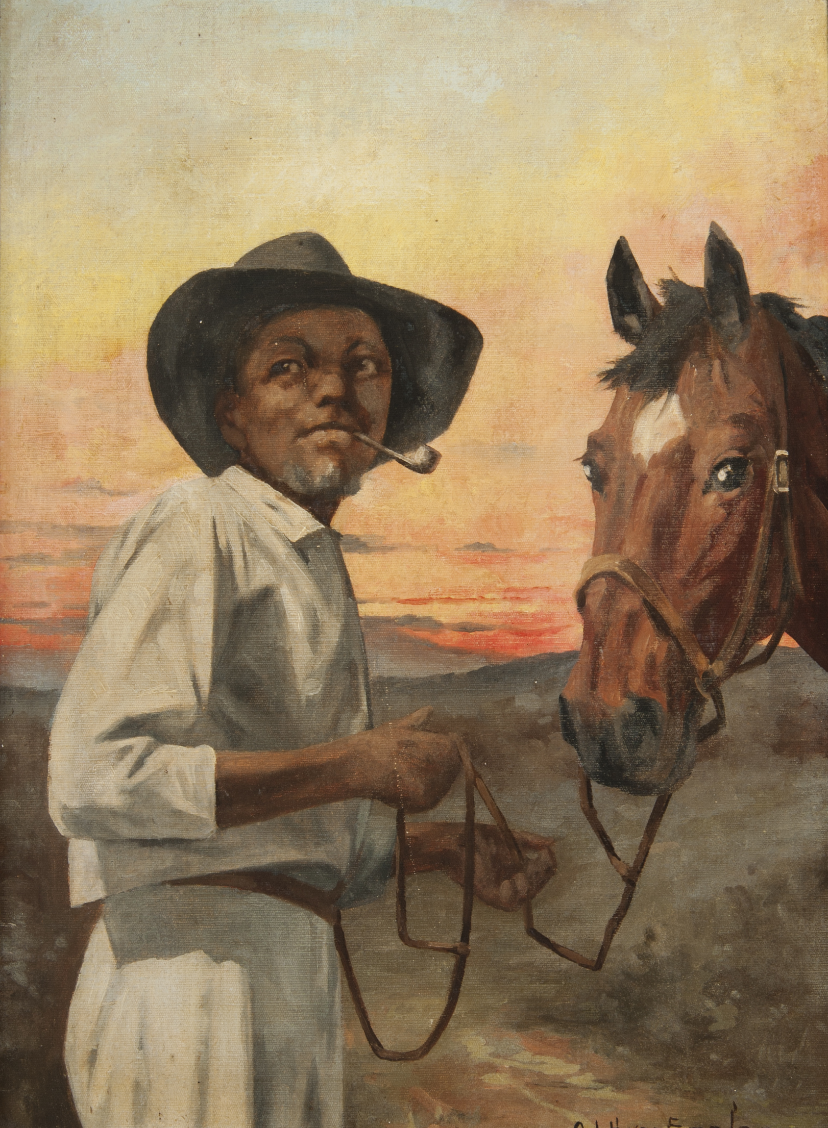 Imagem de referência de Negro com Chapéu, Fumando Charuto, Segurando Rédea de Cavalo, descrito nos dados abertos como pintura de Adrian Henri Vital van Emelen