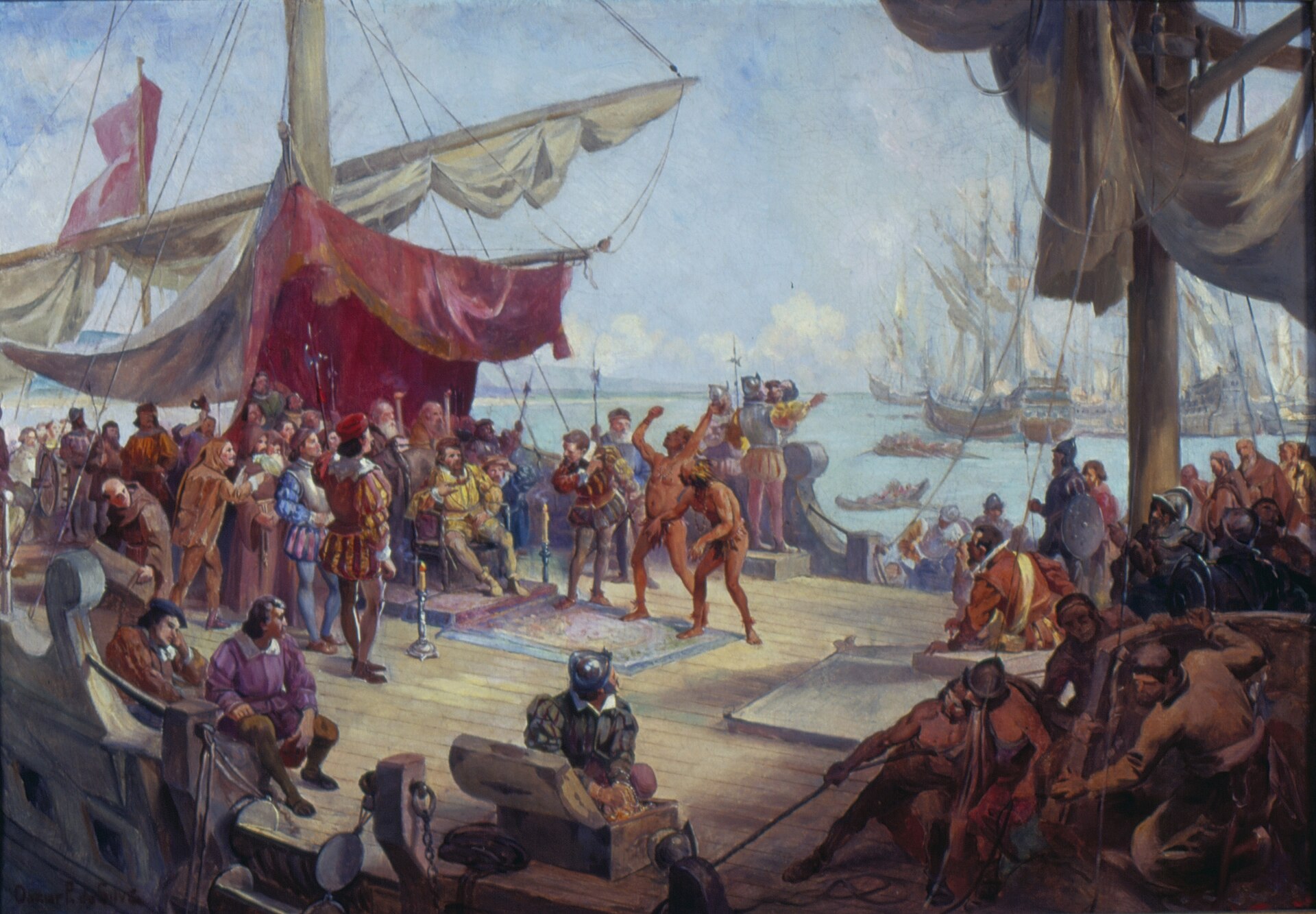 Imagem de referência de Nau Capitania de Cabral, Índios a Bordo da Capitania de Cabral, descrito nos dados abertos como pintura de Oscar Pereira da Silva