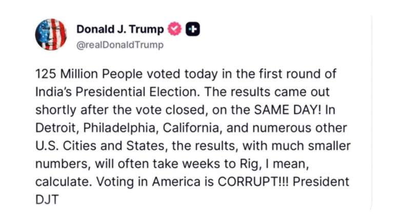Trump troca Brasil por Índia em post elogiando rapidez da apuração das eleições sem citar candidatos