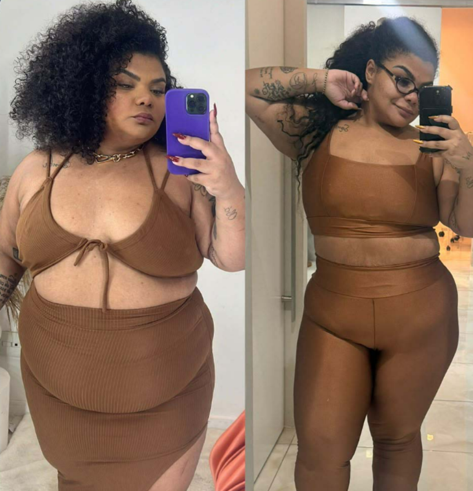 Antes e depois de Flora Cruz ap&oacute;s perder 44 kg