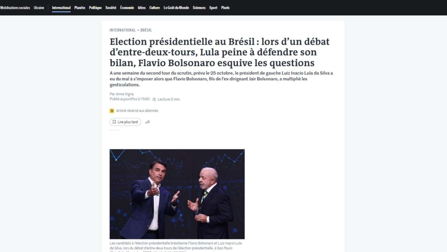 Le Monde: "Elei&ccedil;&otilde;es presidenciais no Brasil: durante o segundo turno, Lula tem dificuldades para defender seu hist&oacute;rico, enquanto Fl&aacute;vio Bolsonaro se esquiva das perguntas".