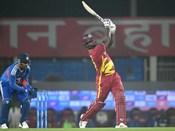 Romario Shepherd had pulled up mid-over in the 17th while bowling, but this injury did not seem to inhibit his batting. (Photo credit: GETTY)